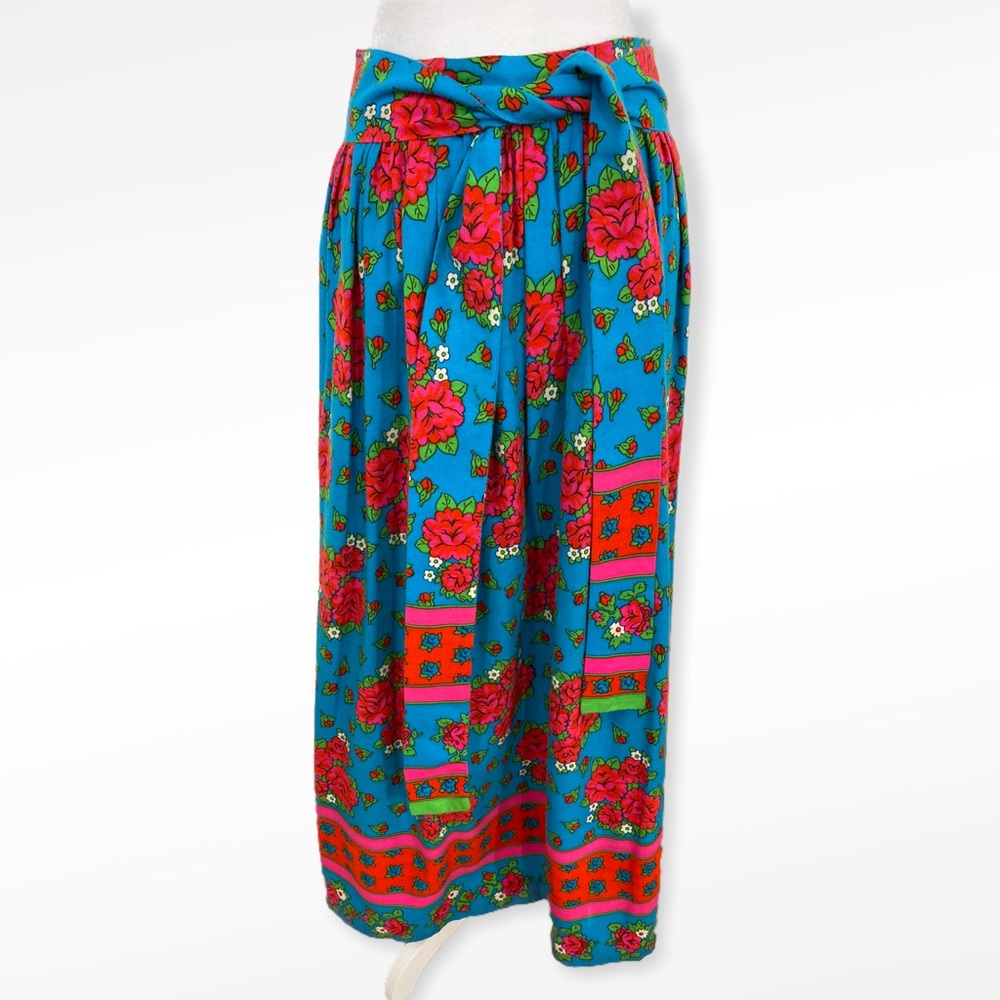 Vintage 70’s Blue Pink Green Bright Floral Long Skirt with Optional Tie Waist